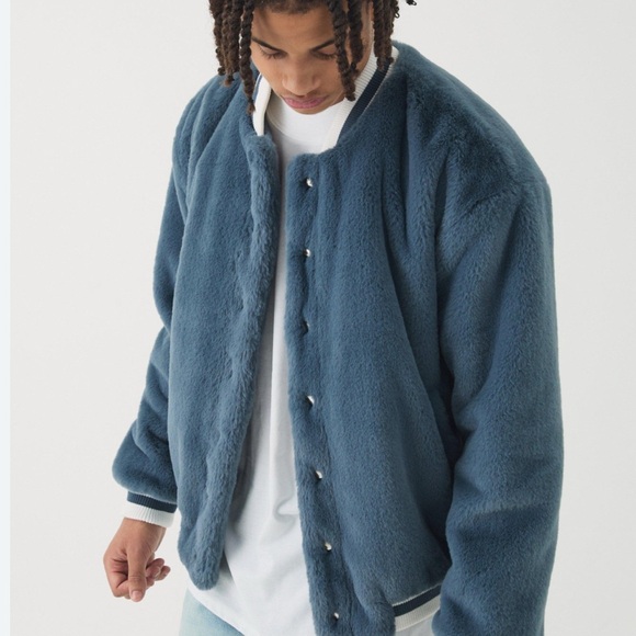 22. NWT Booho Man Blue Bomber Varsity Jacket with Classic Styling Size Large - Picture 1 of 8